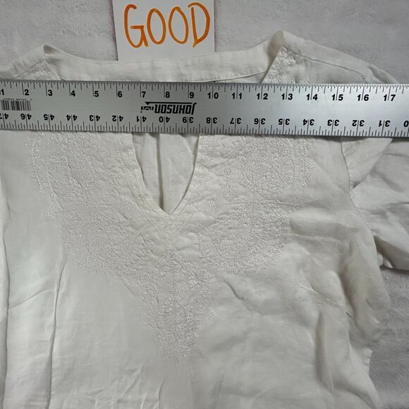 Edward Womens Irish Linen Split Neck Embroidered Top Blouse XL White Long Sleeve - Picture 5 of 7